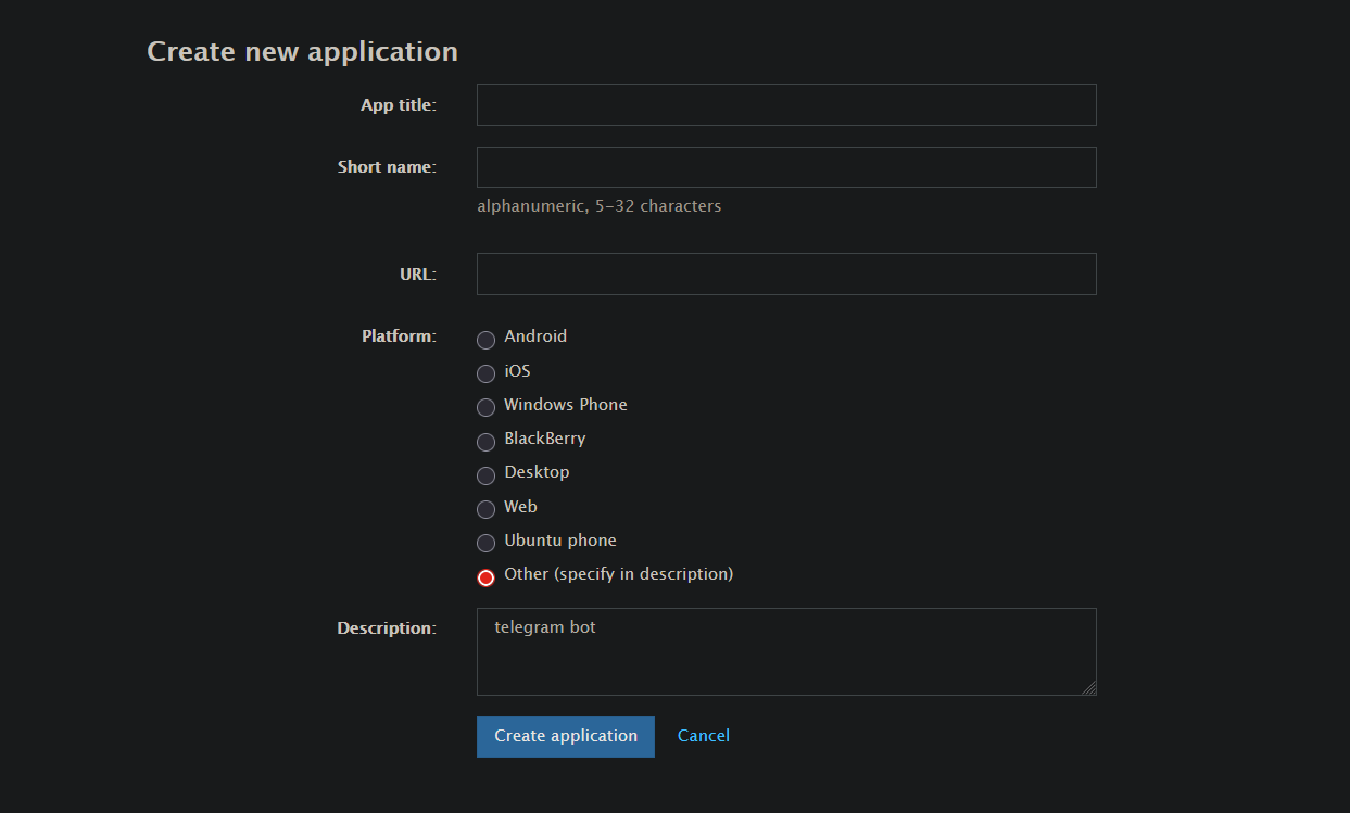 creating a new application on my telegram